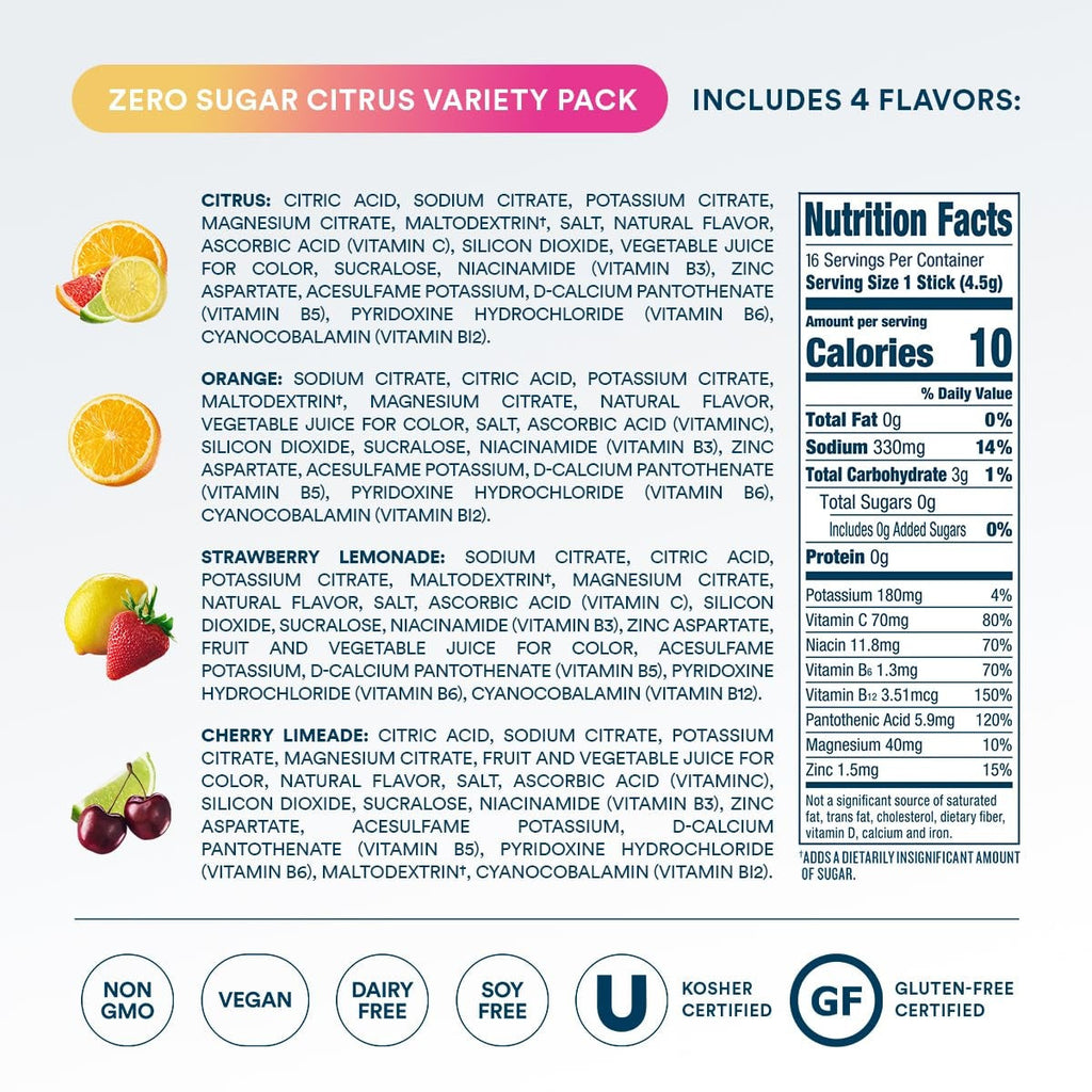 Zero Sugar Citrus Variety Pack Electrolyte Powder, 8 oz sticks, 16 count O4