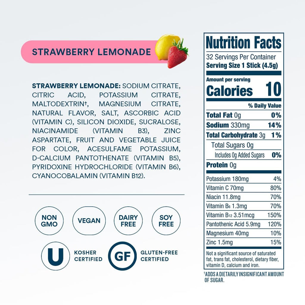 Zero Sugar Strawberry Lemonade Electrolyte Powder, 8 oz sticks, 32 count S6