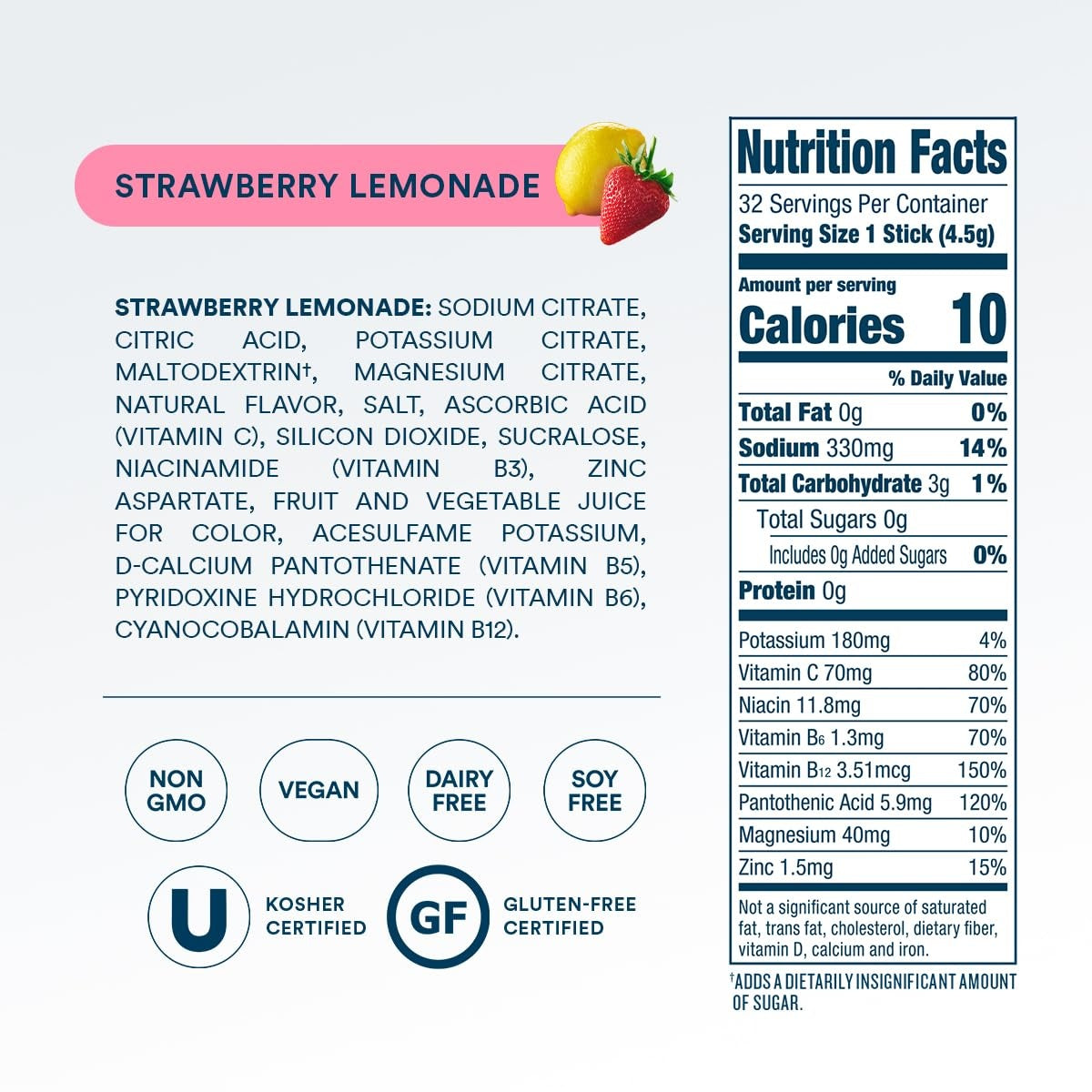 Zero Sugar Strawberry Lemonade Electrolyte Powder, 8 oz sticks, 32 count S6