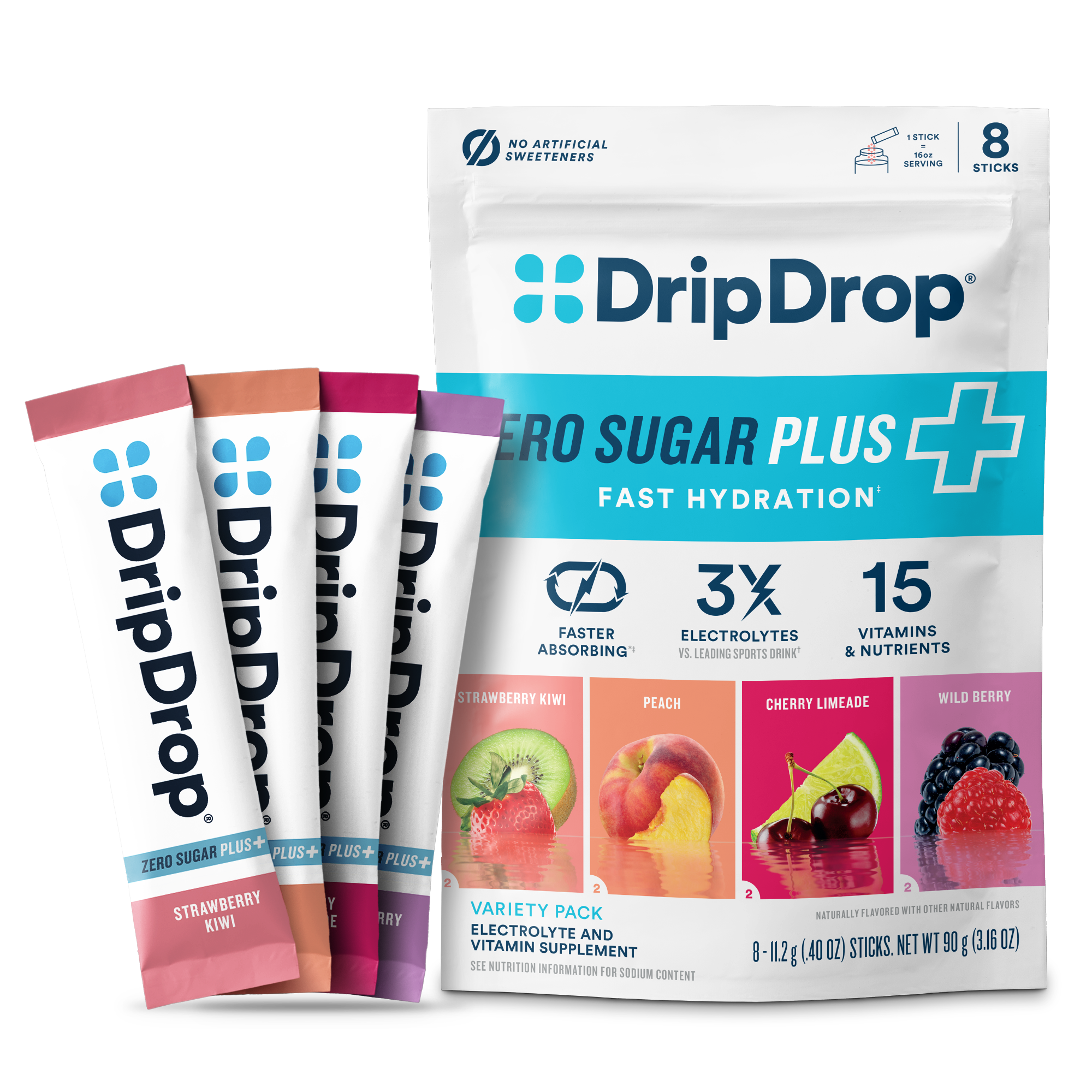 Zero Sugar Plus, Strawberry Kiwi, Peach, Cherry Limeade, Wild Berry, 16 oz sticks, 8 count T0