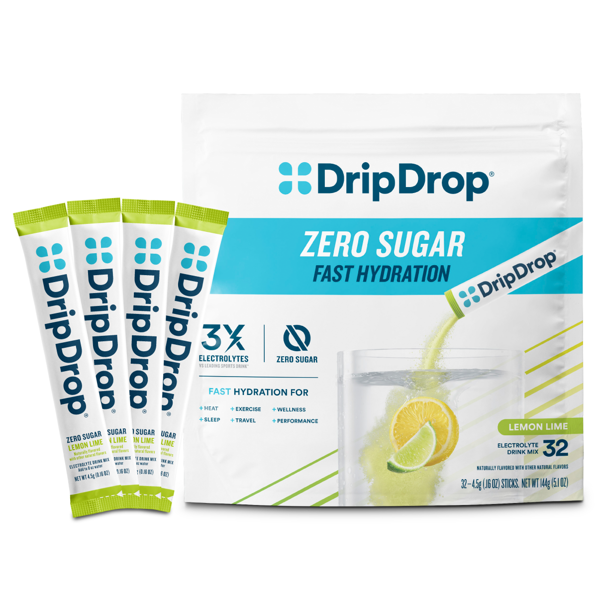 Zero Sugar Lemon Lime Electrolyte Powder, 8 oz sticks, 32 count M7