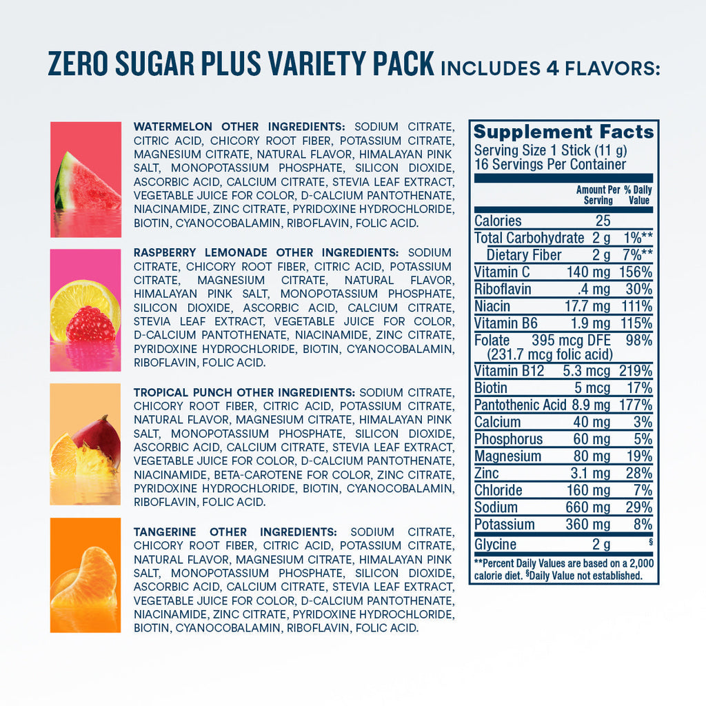 Zero Sugar Plus, Watermelon, Tangerine, Tropical Punch, Raspberry Lemonade, 16 oz sticks, 16 count Y0