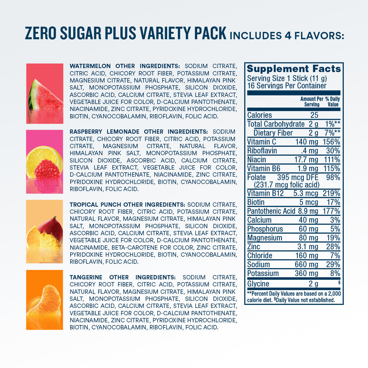 Zero Sugar Plus, Watermelon, Tangerine, Tropical Punch, Raspberry Lemonade, 16 oz sticks, 16 count Y0