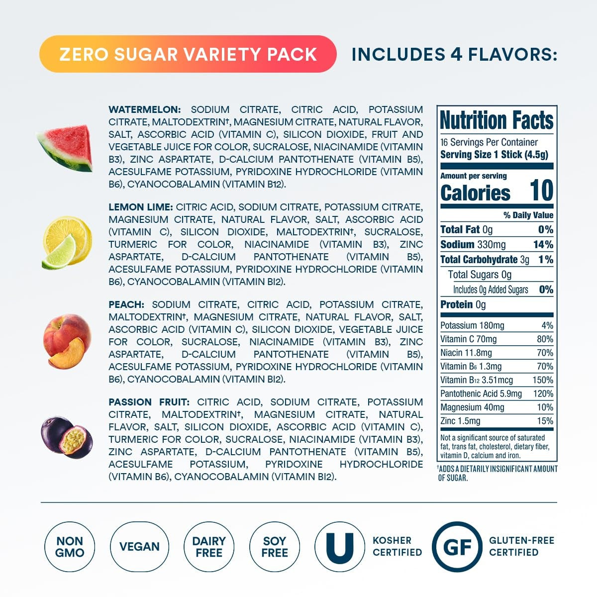 Zero Sugar Classic Variety Pack Electrolyte Powder, 8 oz sticks, 16 count U5